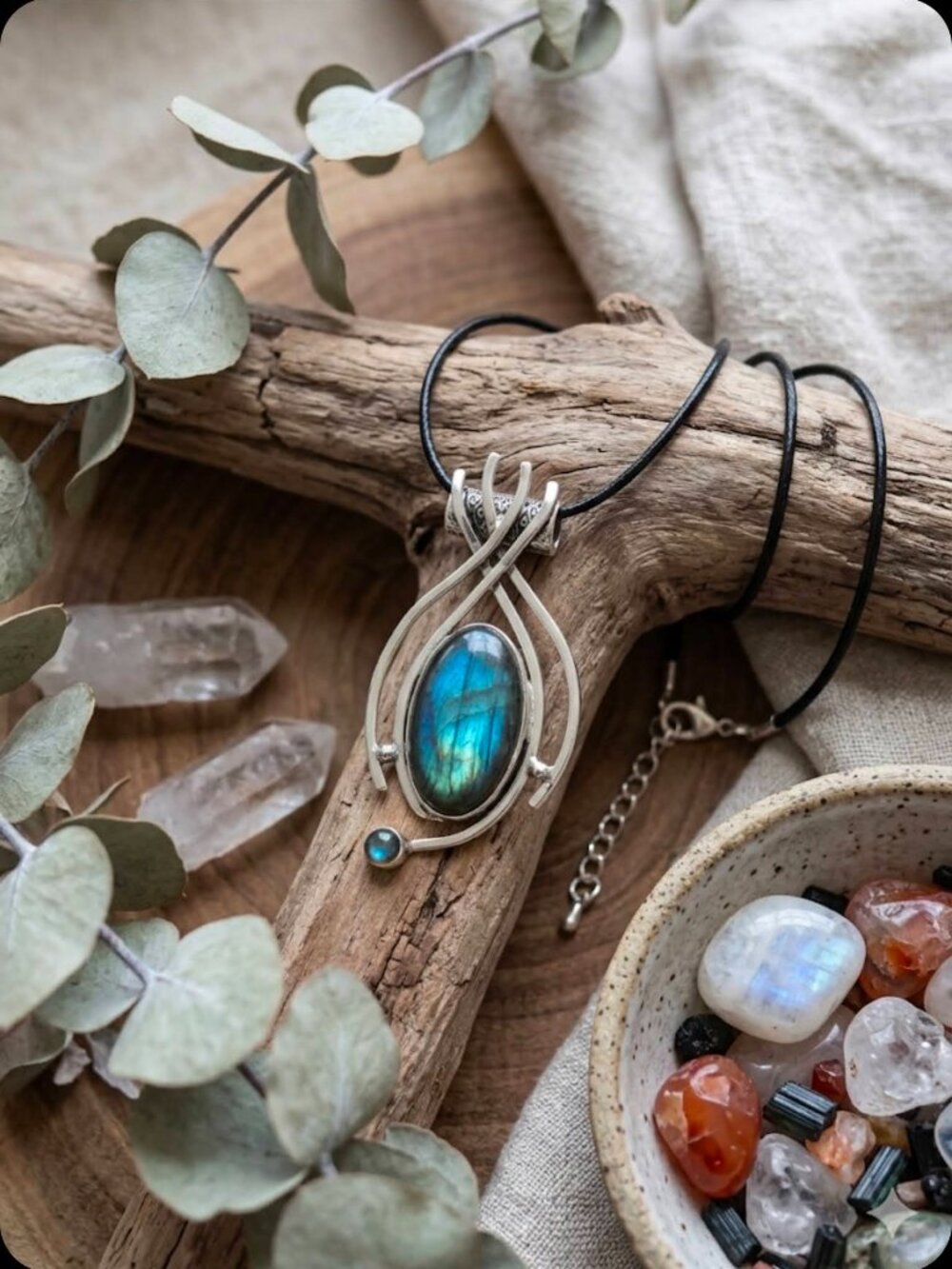 Genuine Blue Flash Labradorite 925 Silver Witchy Pendant Necklace Boho 19.5in - Picture 14 of 16